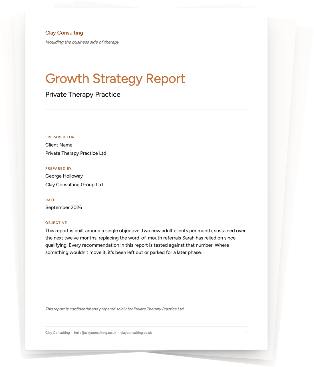 Cover page of an example Growth Strategy report, built around a single measurable objective